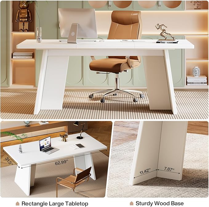 Tribesigns White Executive Desk 63 Large Office Computer Conference Meeting Table with Wooden Robust Pedestal Simple Modern Workstation Business Furniture for Home Office