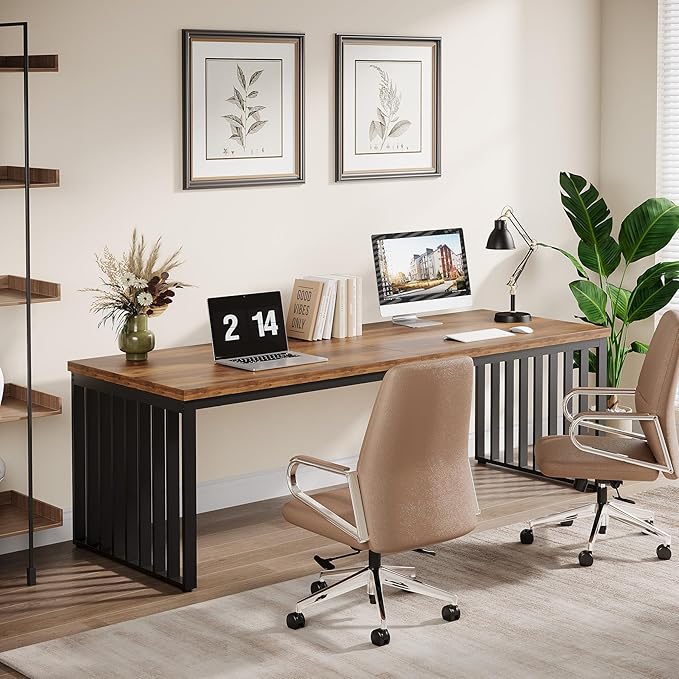 Tribesigns 2-Person Desk with Metal Frame 78.74 Double Desk for Two People Industrial Long Computer Writing Table for 2 People Home Office (Oak)