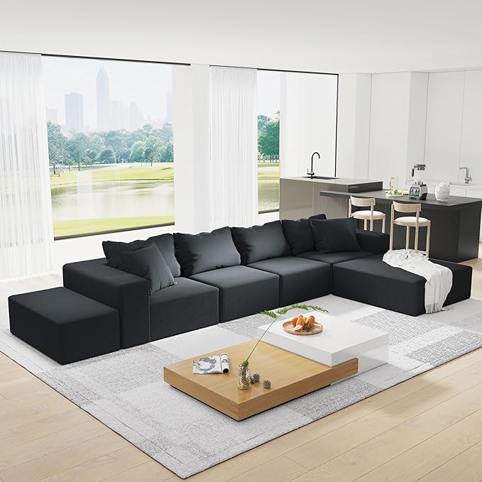 Modern Upholstered Sectional Sofa Couch Set 132” Modular L-Shaped Sectional Sofa Set with 6 Pillows Free Combination Couch for Living Room Bedroom No Needed Assembly Black