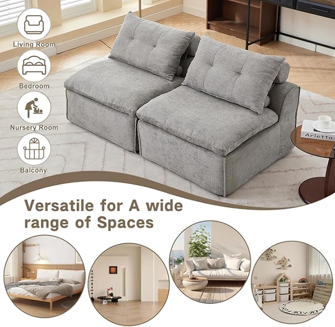 2 Seats Modular Sectional Couches with Neck Pillow &amp Backrest Chenille Armless Upholstered Loveseat Sofa Chair for Living Room Apartment At Will DIY (Light Grey)
