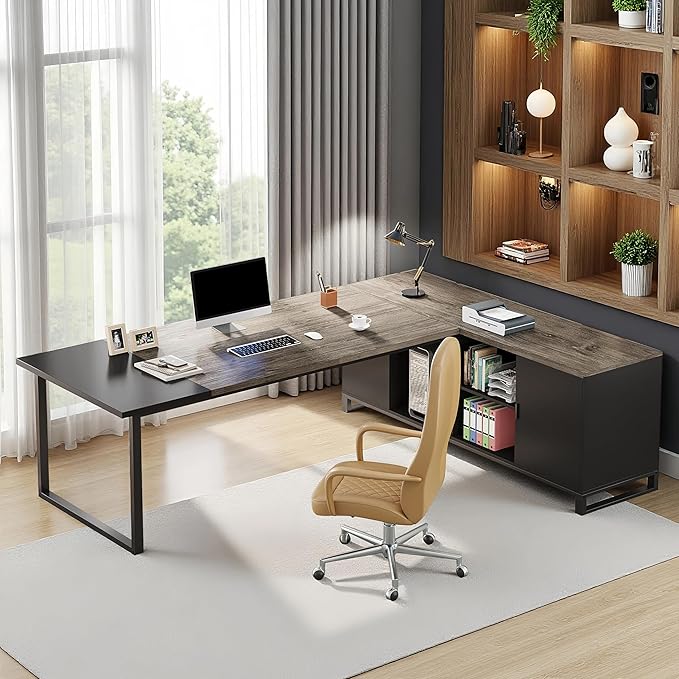 Oigavfd 70.8 L Shape Executive Desk with File Cabinet and Printer Stand L Shaped Computer Desk with Storage and Metal Frame Corner Desk for Home Office (Retro Gray &amp Black)