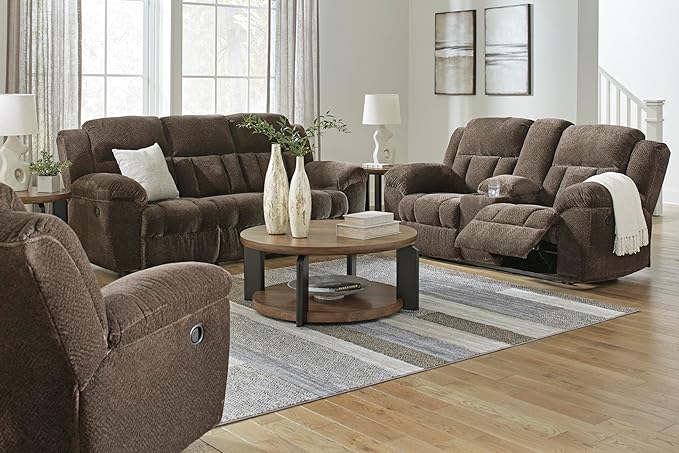 Signature Design by Ashley Frohn Modern Manual Double Reclining Loveseat with Console Storage and Cup Holders Dark Brown
