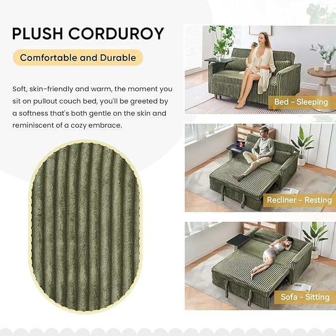54'' Corduroy 3-in-1 Convertible Sofa Bed Pull Out Sleeper Loveseat Couch with USB Ports &amp Storage Pockets Futon Couches for Small Space Living Room Apartment (Green New)