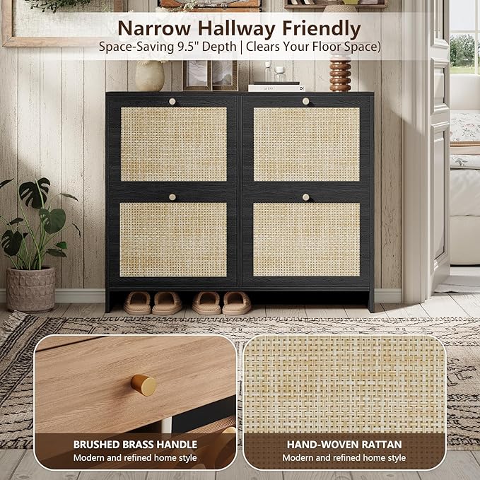 Nicetree Shoe Cabinet Storage for Entryway 4-Flip Drawer Narrow Shoe Rack Organic Modern Rattan Shoe Organizer with Gold Legs Shoe Organizer Fits Men's Size 13.5 Black