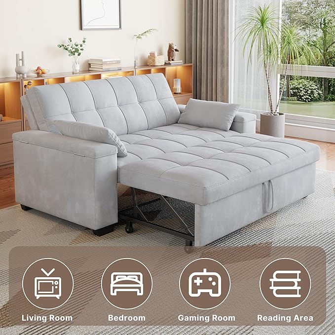 Gizoon Convertible Sofa Bed Futon Queen Size Sleeper Loveseat with Pull Out Couch 3 in 1 Velvet Fabric Futon Couch with Side Pockets Storage Armrest &amp Adjustable Backrest for Living RoomLight