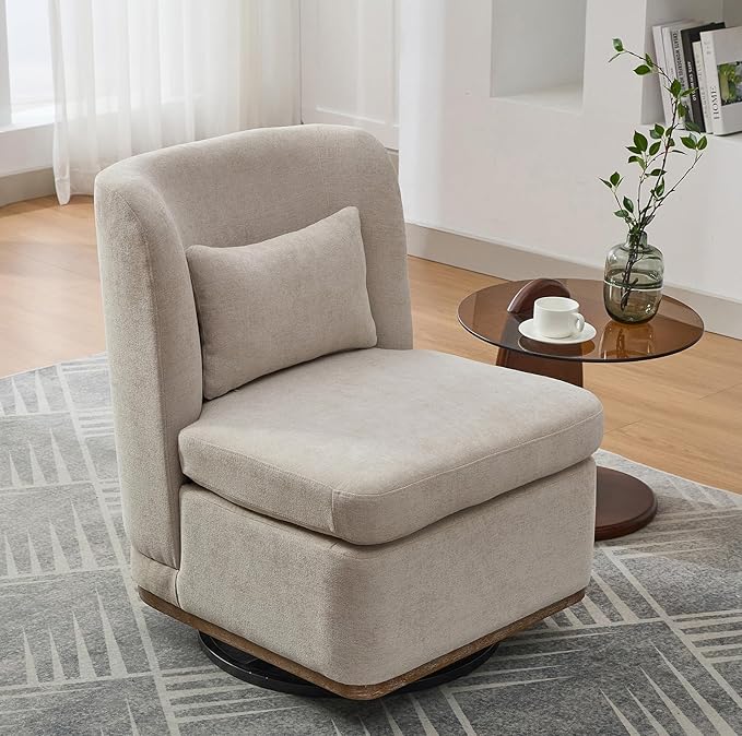Swivel Accent Chair for Living Room25.2 Modern Chenille 360° Rotating Armless Chair with Metal BaseUpholstered Seat &amp PillowReading Chair for Office &amp Bedrooms (Beige)