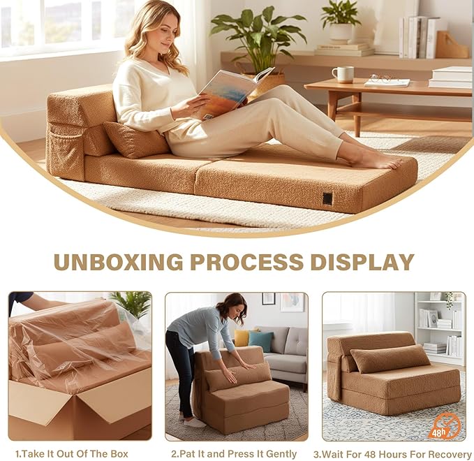 Tiita Convertible Folding Sofa Bed Single Size for Adults with Pillow Plush Fabric Floor Mattress Couch Bed Washable Cover &amp Side Pocket Guest Room Dorm Apartment Living Room Brown