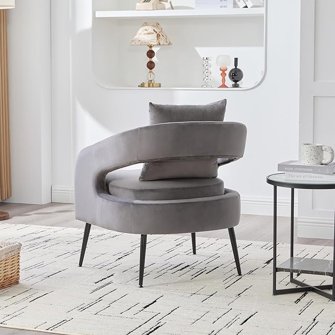 Modern Minimalist Style Open Back Accent ChairVelvet Barrel Dining Chair with Metal LegsComfortable Upholstered Single Sofa for Living RoomBedroomReceptionDining RoomCharcoal