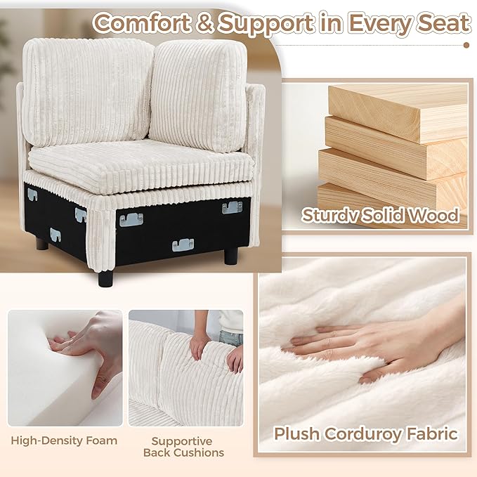 Modular Sectional Sleeper Sofa with Pull Out Bed Plush Corduroy L Shaped Couch with Storage Chaise USB Ports Cup Holders Comfy Cloud Couches for Living Room White
