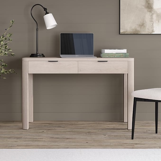 Henn&ampHart 48 Fluted Modern Rectangular Wooden Home Office Desk Computer Desk Writing Table with Ribbed Legs and 2 Storage Drawers for Bedroom Living Room or Home Office Beech White
