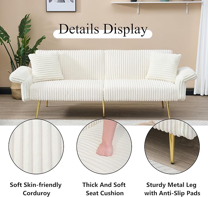 73 Convertible Futon Sofa BedComfy Teddy Fabric Sleeper Couch with 3 Reclining BackrestsGolden Chrome LegsModern Cloud Sofa Loveseat for Small Living Room Office (White-Corduroy)