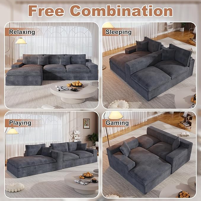 108 Cloud Modular Sectional Couch with Deep Seat L-Shape Boneless Sofa with Oversized Chaise Comfy Fluffy Couches for Living Room Convertible Layered Cushions Plush Corduroy Dark Grey
