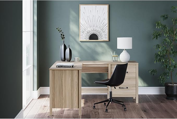 Signature Design by Ashley Battelle Casual L-Shaped Chevron Pattern 60 Home Office Desk with Return Drawer and Cabinet Light Brown