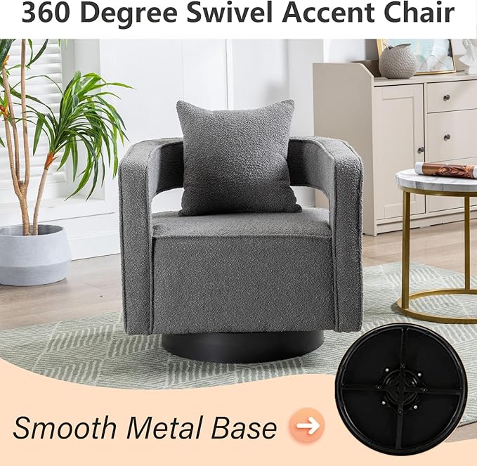 Swivel Barrel Chair Set of 2 Modern Teddy Round Accent Chairs Curved Open Back 360 Degree Swivel Arm Chair with Pillow Single Sofa Chair for Living Room BedroomGrey