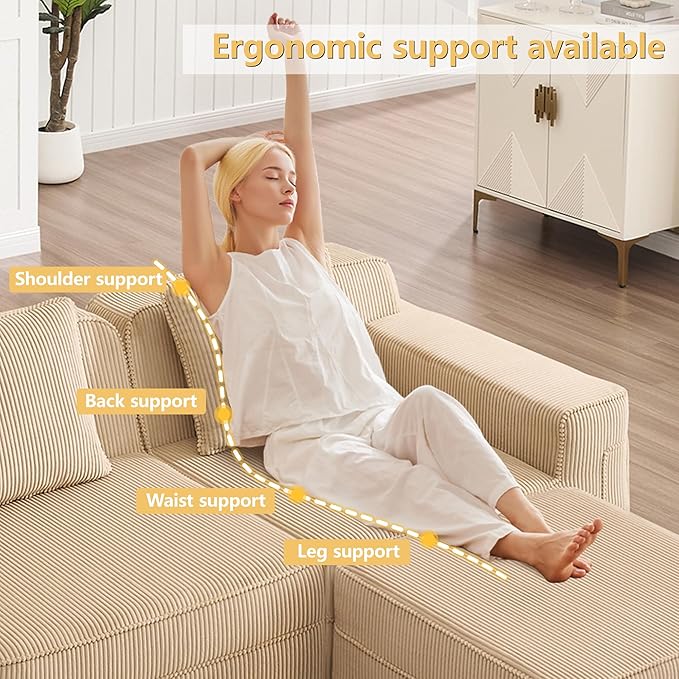 4 Seater L Shape Sectional Boneless Sofa117.3 Cloud Sectional Couch with Deep Seat No Assembly Required Throw Pillows and 1 Movable Ottoman Corduroy Fabric Camel