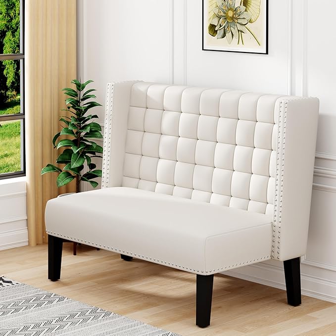 Yongqiang Modern Tufted Loveseat Settee White Faux Leather Upholstered Bench with Back for Kitchen Dining Room Living Room High Back Banquette Seating Sofa Couch with Wood Legs