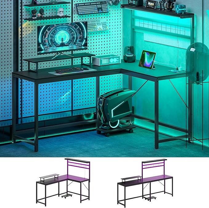 HOMCOM Gaming Desk 62 L Shaped Desk with Power Outlets &amp LED Lights 86 2 Person Computer Table with Shelf &amp Rolling CPU Stand Reversible Corner Office Table with Hutch Black