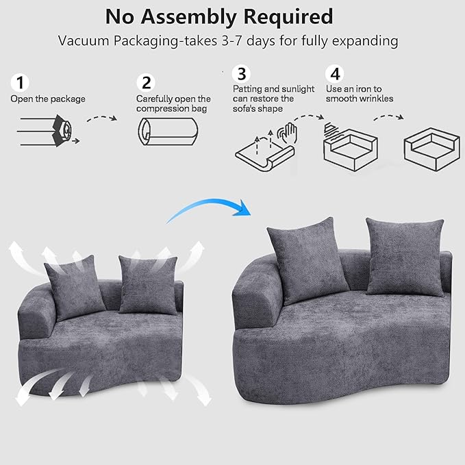L Shaped Single Sofa Modern Comfy Chenille Fabric Loveseat Couch No Assembly Required Small Couch with Deep Seat 2 Pillows for Living Room Apartment Bedroom