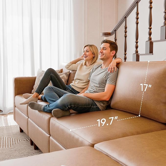 ABCASA 91.5 Faux Leather U Shaped Modular Sectional Sofa 5 Seater Couch with Movable Ottoman Deep Seat and Storage Seat with Removable Cover for Living Room Apartment - Brown