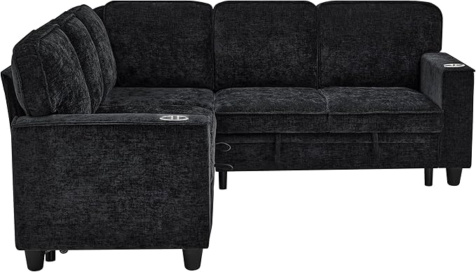 ERYE L-Shaped Symmetrical Sleeper Sectional Sofa W/Pull Out Sleeper Couch Bed and Storage Seat for Living Room Chenille Tufted Corner Convertible Sofa Bed with USB-C Ports