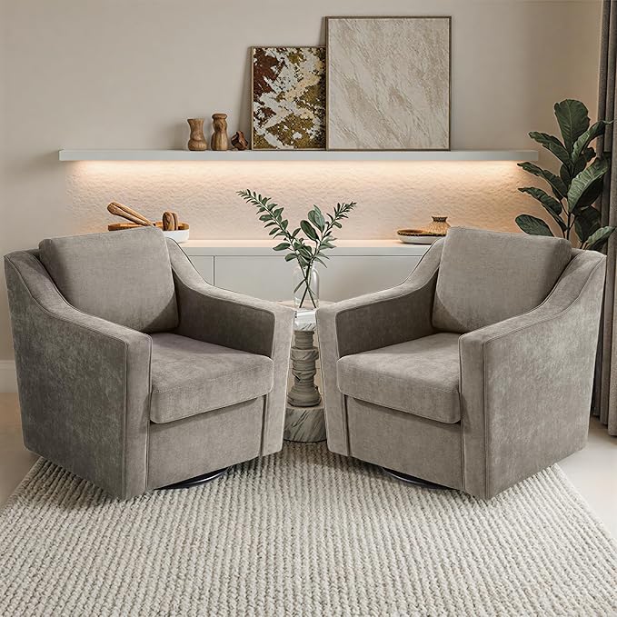 Pia Ricco Set of 2 Oversized Modern Striped Fabric Swivel Accent Chairs with Removable Covers Living Room Reception SetNavy