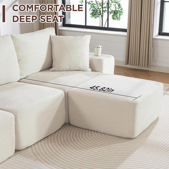 110Modular Sectional Sofa CouchesConvertible L-Shape Cloud Couch 3 Seat Oversize Chaise with OttomanCompressed FoamComfy BonelessSide PocketsCup Holders for Living RoomApartmentCorduroy Beige