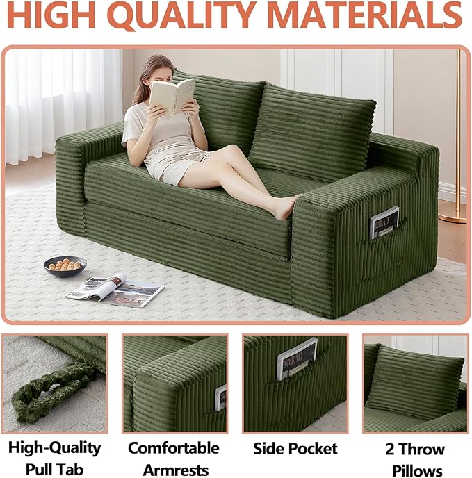 73 Boneless Loveseat Couch 2 in 1 Pull Out Sleeper Sofa with Side Pockets &amp 2 Pillows Folding Convertible Corduroy Floor Couch for Apartment Living Room Bedroom No Assembly(Green)