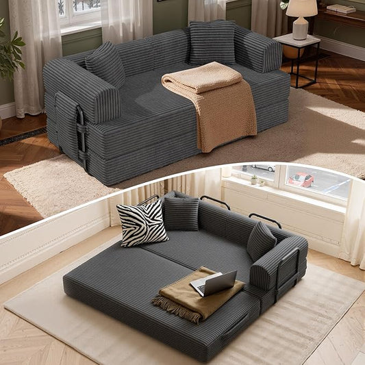 Convertible Coarser Corduroy Sleeper Sofa Bed with Cylindrical Pillow Folding Mattress Couch with Fixed-Shape Frame Floor Sofa Lounge Couch for Living Room Bedroom Lounge Studio Dark Grey