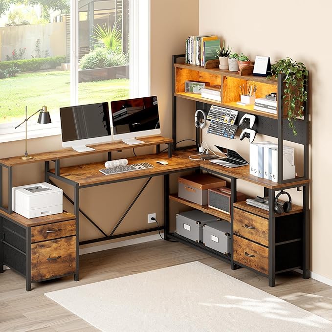 75inch L Shaped Computer Desk with Drawers Large Gaming Desk with LED Light &amp Power Outlets Corner Computer Desk with Storage Shelves &amp Monitor Stand for Home OfficeRustic Brown and Black