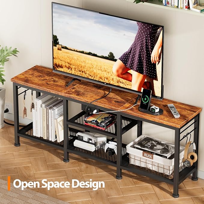 Furologee TV Stand with Power Outlets Entertainment Center with Open Storage Shelves for TVs up to 55 Inch Media Console Table with Soundbar Shelf for Living Room Bedroom Rustic Brown