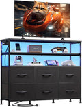 WLIVE Black TV Stand for 40 45 inch TV Entertainment Center with LED Lights &amp Charging Station TV Media Console Table with 6 Fabric Drawers and Open Shelves for Living Room Hallway Wood Top