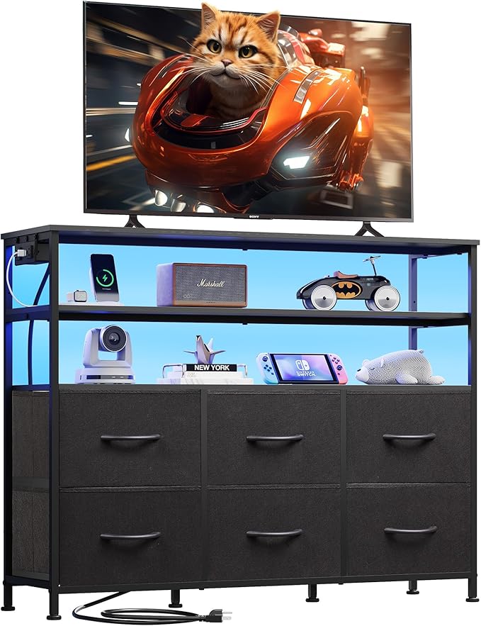 WLIVE Black TV Stand for 40 45 inch TV Entertainment Center with LED Lights &amp Charging Station TV Media Console Table with 6 Fabric Drawers and Open Shelves for Living Room Hallway Wood Top