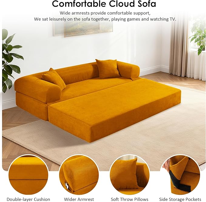 80 Convertible Sofa Bed Corduroy Deep Seat Folding Pull Out Couch with Pillows No Assembly Modern Boneless Couch Compression Sofa in Box Floor Sofa with Storage Pocket for Living RoomYellow