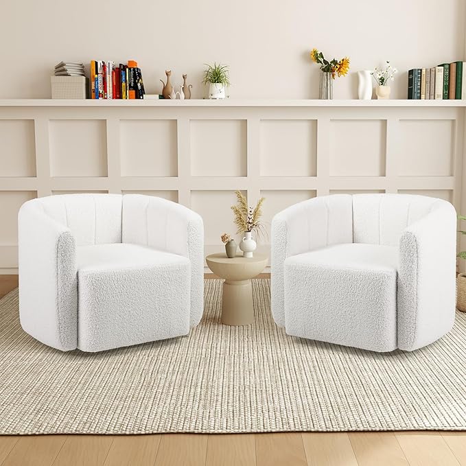 GOFLAME Swivel Barrel Chair Upholstered Sherpa Accent Chair with Curved Backrest &amp Armrests Reading Armchair Modern Club Tub Sofa Chair for Living Room Bedroom Study