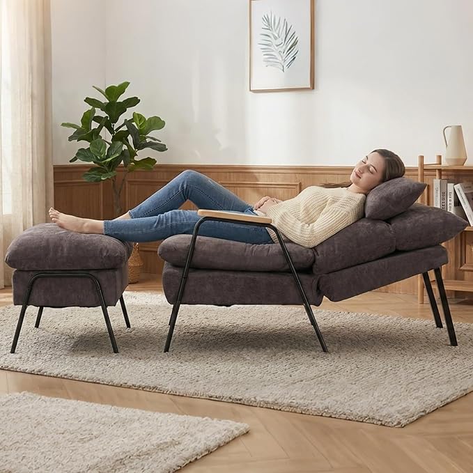MCombo Accent Recliner Chair with Ottoman Modern Fabric Armchair Upholstered Sofa Bed for Living Room Bedroom Small Space 4055 (Black Frame Grey)