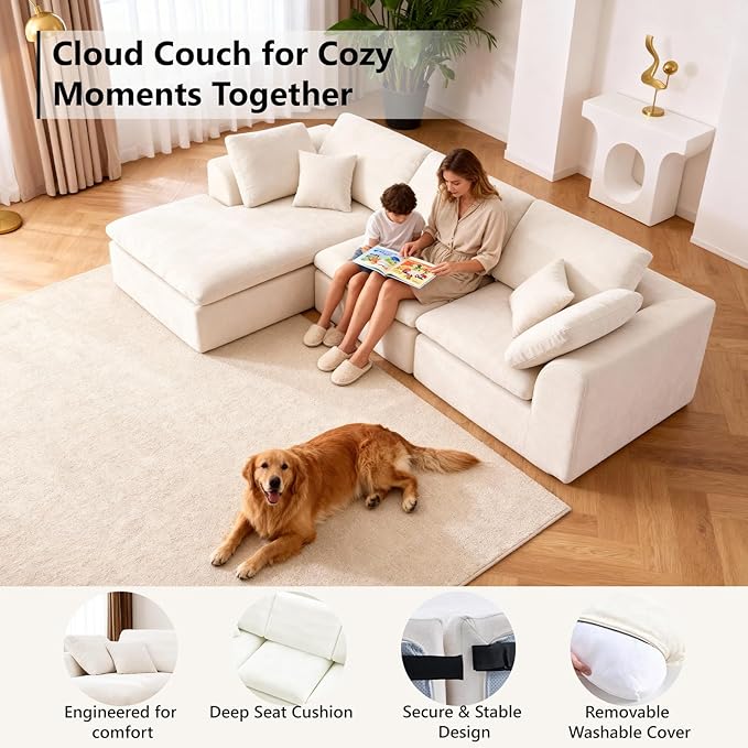 110 Convertibl L Shaped Sectional Couch for Living Room 3-Seater Modular Cloud Couch Sofa with High-Resilience Memory Foam No Assembly Required Warm White Left Facing Chaise