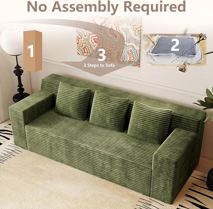 71 Small Couches for Small Spaces Memory Foam Cloud loveseat Corduroy Couch in a Box Compressed Boneless Sofa for Living Room Bedroom Apartment Furniture No Assembly Required Green