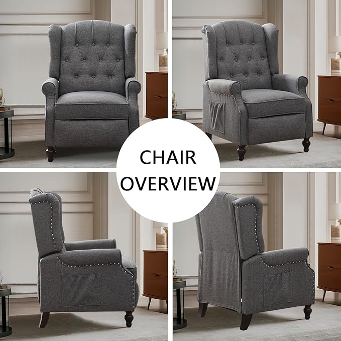 MANBUR Wingback Pushback Recliner Chair Upholstered Tufted Recliner with Massage and Heat Tufted Armchair Single Sofa Reclining Sofa for Living Room Bedroom or Club (Gray)