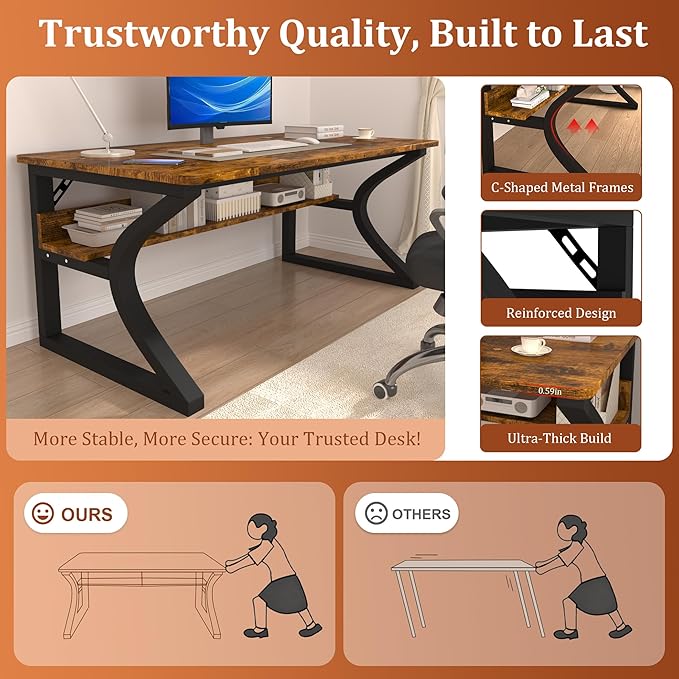 StarGraph Computer Desk 55'' Large Home Office Desk with Sturdy Metal Frame U Shaped Modern Computer Desks with Storage Study Writing Office Work from Home Desks (Rustic Brown 55 inch)