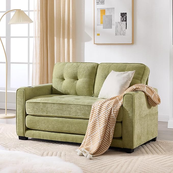 Convertible Sofa Bed Pull Out Loveseat Sleeper CouchLinen Fabric 2 in 1 Folding Couch Bed Fold Out Floor Futon Couches with Cup Holder for Living Room BedroomSmall Space Green