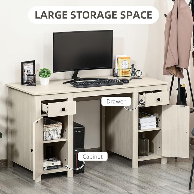 Farmhouse Computer Desk with Storage Home Office Desk with 2 Drawers and 2 Cabinets Cream White