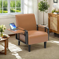 Modern Accent Chair Mid Century Living Room Armchair with Side Table &amp Wood LegsUpholstered Faux Leather Sofa Side Chairs for Reading OfficeBedroom(Brown)