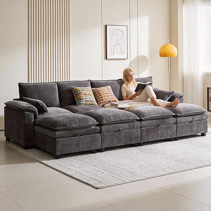 108 Sectional Couches for Living Room U Shaped Cloud Couch Sectional with Ottoman Storage Modular Sectional Sofa with Pillow Deep Seater Sofa for Living Room (Gray Loveseat with Ottoman)