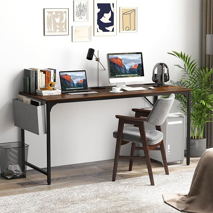 Tangkula 60” Large Computer Desk with Charging Station Modern Simple Study Writing Desk with Storage Bag Headphone Hook Sturdy Metal Frame Home Office Workstation
