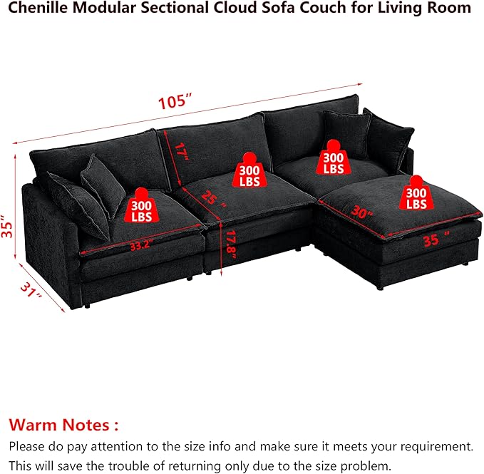102 L-Shaped Sofa for Living RoomModular Sectional Cloud Sofa Couch with OttomanModern Chenille 3 Seater Sofas with Deep SeatSmall L Shaped Couches for Bedroom (Black 102)