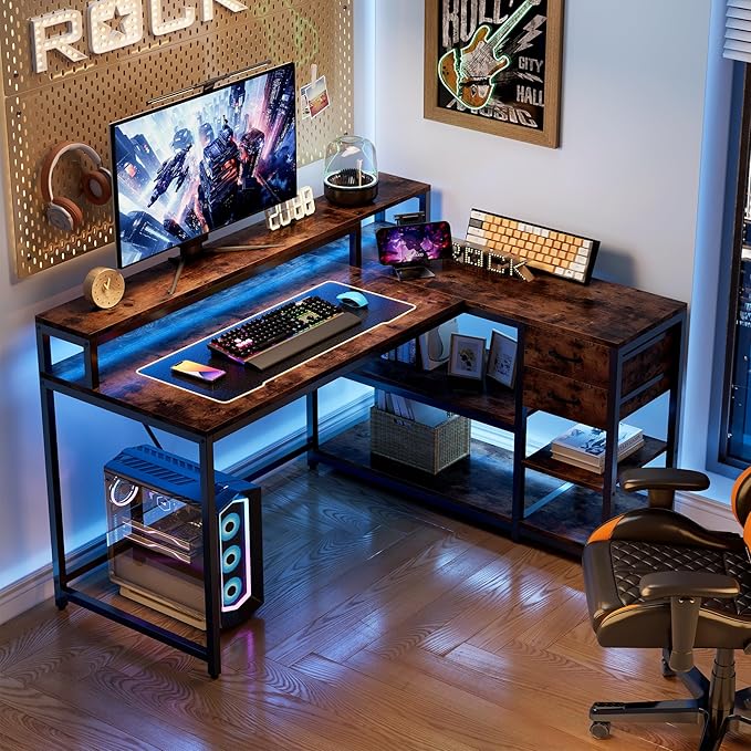 LITTLE TREE 55-Inch L-Shaped Computer Desk Reversible Computer Desk with Drawers and Storage Shelves Corner Desk Gaming Desk Work Desk for Home Office Rustic