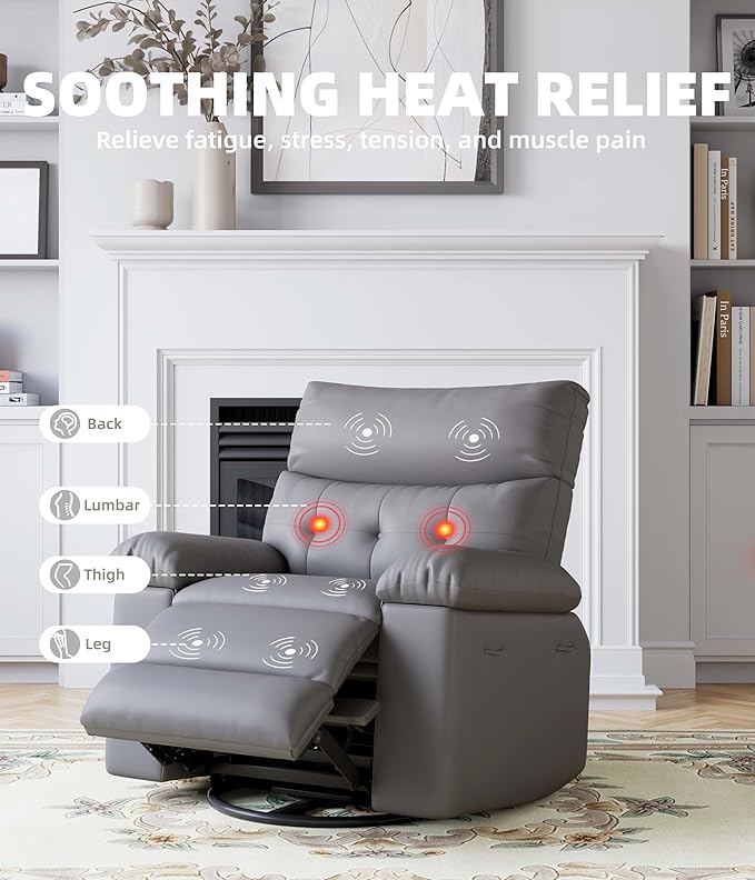 GarveeHome Oversized Power Rocker Swivel Recliner Chair - Heat and Massage PU Leather Electric Glider Rocking Chair with USB Charge Glider Recliner Nursery Chair for Living Room Nursery Bedroom