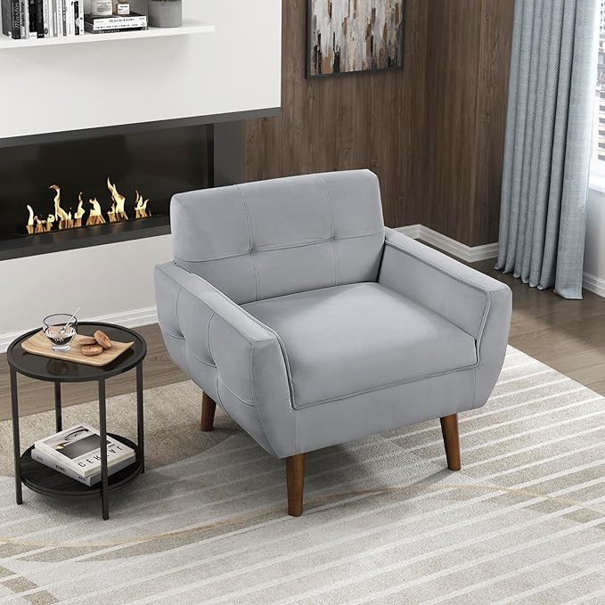 Lexicon Mid Century Modern Accent Chair with Dark Brown Solid Wood Leg Velvet Upholstered Living Room Chair Lounge Arm Chair Tufted Detail Single Sofa Chair Comfortable Reading Chair Gray