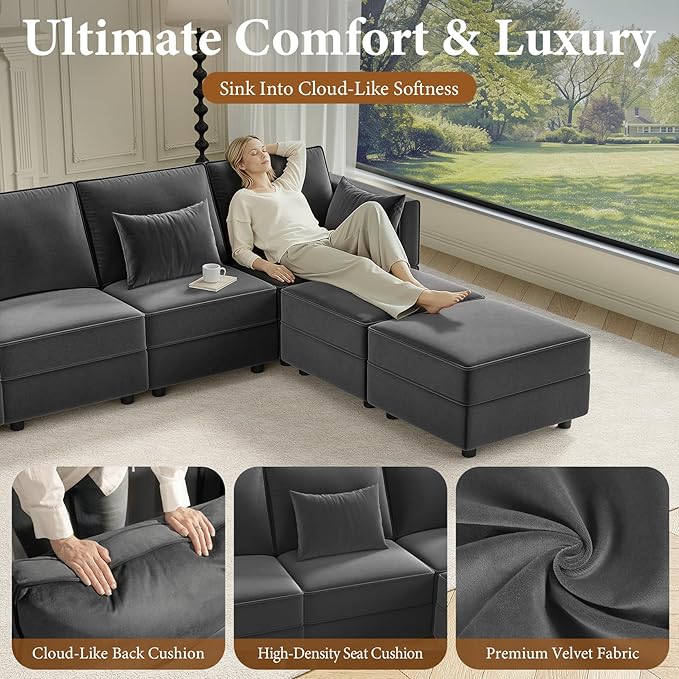 Vesgantti Sectional Couches with Storage Seats 118 L Shaped Convertible Modular Sectional Sofa 4 Seat &amp 2 Ottomans Velvet Storage Chaises Deep Seat Couch for Living Room Bedroom Apartment Gr