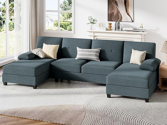 JY QAQA Sectional Couche with Soft Cushion U-Shaped Sofa with Double Chaise 4-Seat Linen Fabric Sofa Sets for Living Room Apartment Grey